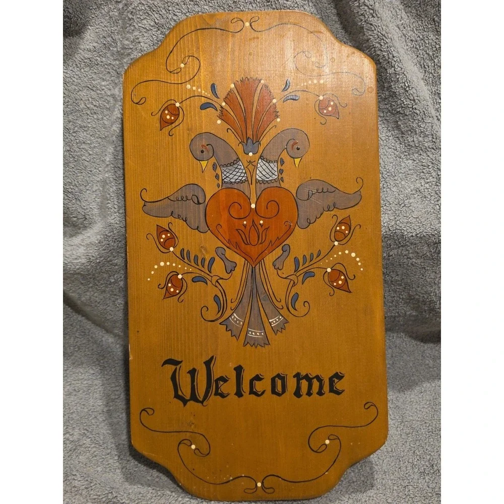 Vintage Handpainted Wooden Welcome Sign Geese Ducks Birds Hearts Hanging 17x9 In